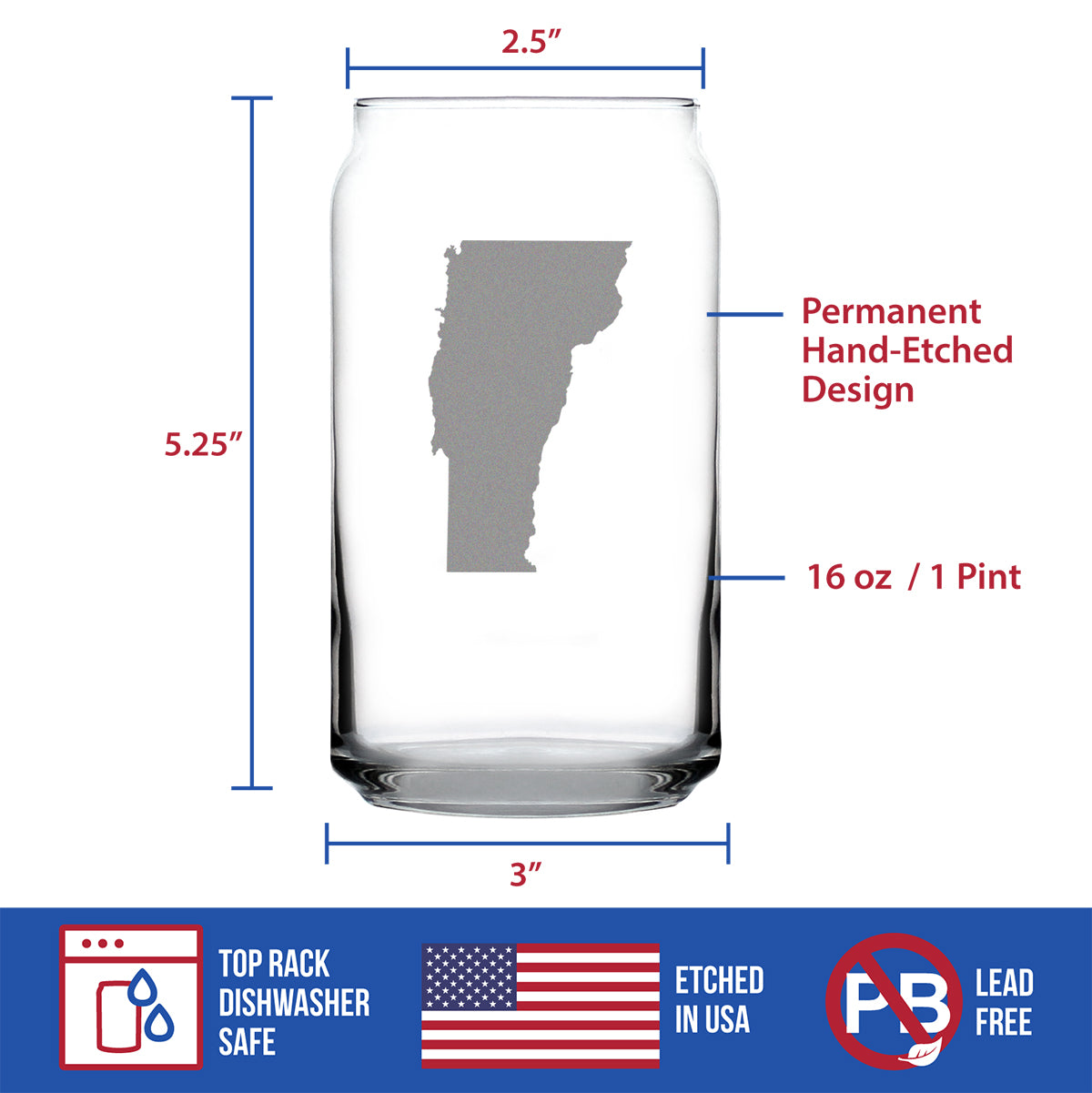Vermont State Outline Beer Can Pint Glass - State Themed Drinking Decor and Gifts for Vermonter Women &amp; Men - 16 Oz Glasses