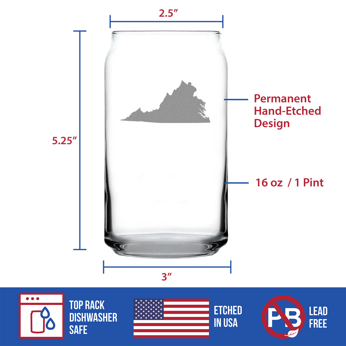 Virginia State Outline Beer Can Pint Glass - State Themed Drinking Decor and Gifts for Virginian Women & Men - 16 Oz Glasses