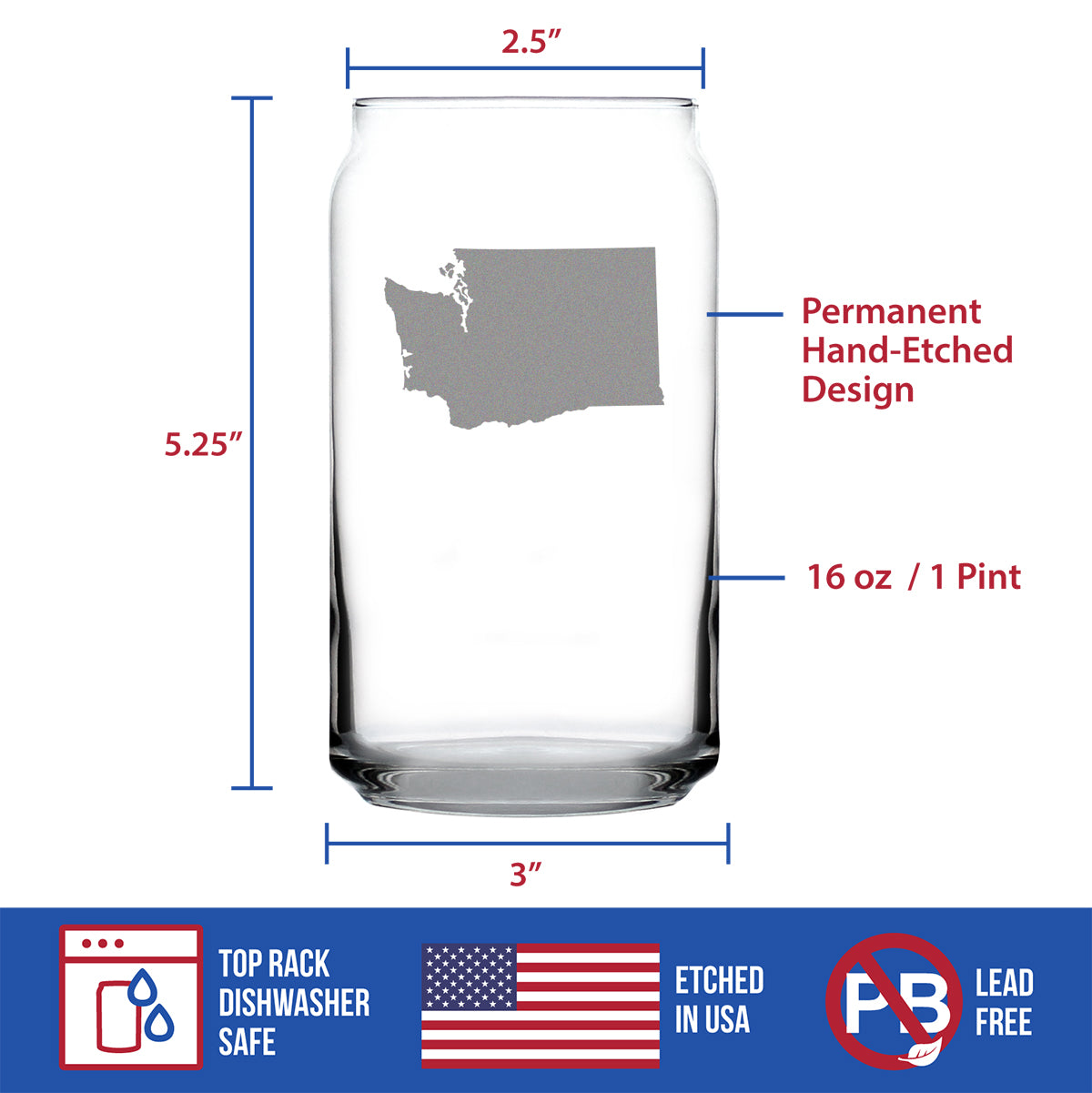 Washington State Outline Beer Can Pint Glass - State Themed Drinking Decor and Gifts for Washingtonian Women &amp; Men - 16 Oz Glasses