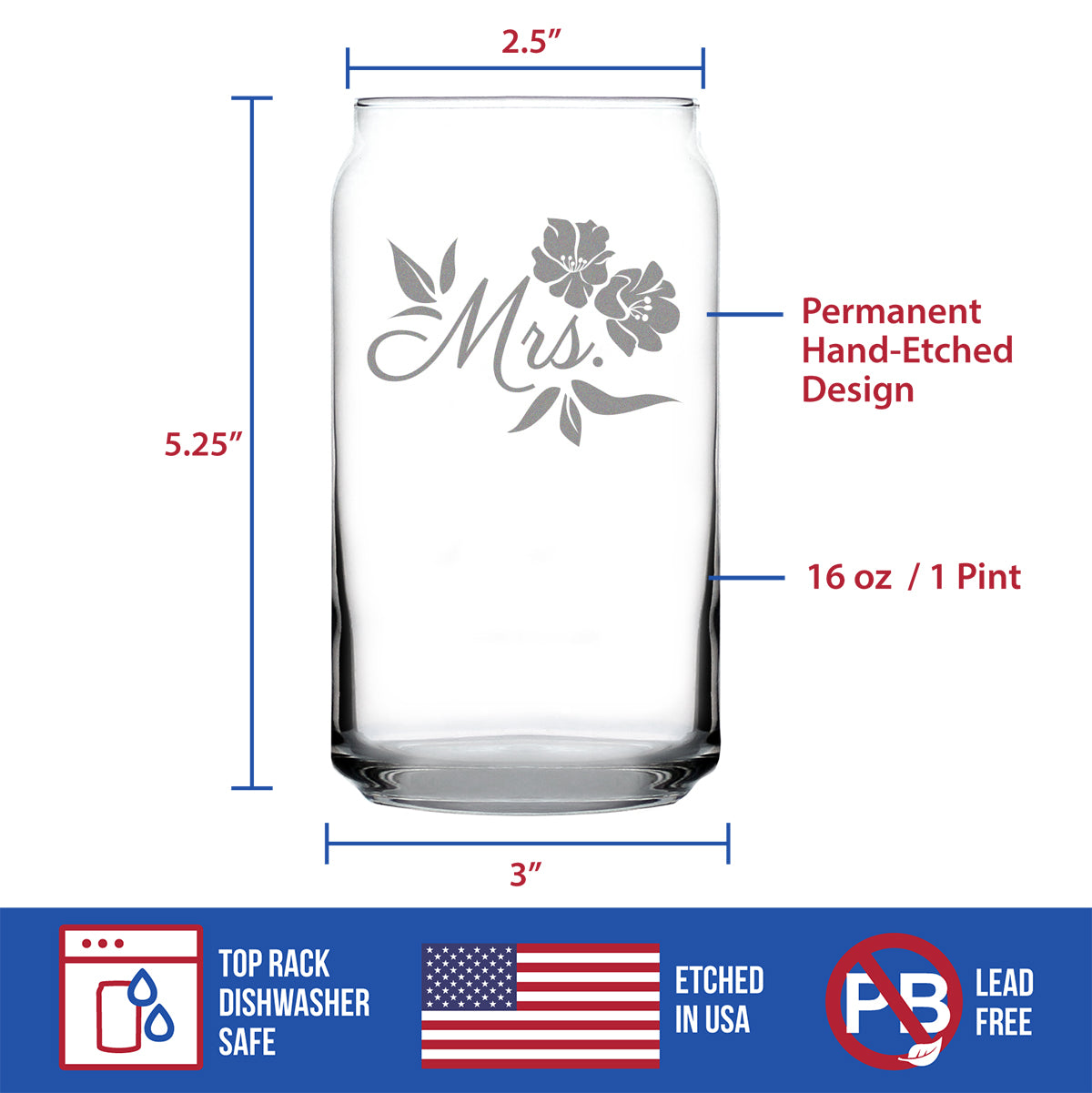Mrs. Beer Can Pint Glass - Unique Wedding Gift for Bride - Cute Engraved Wedding Cup Gift