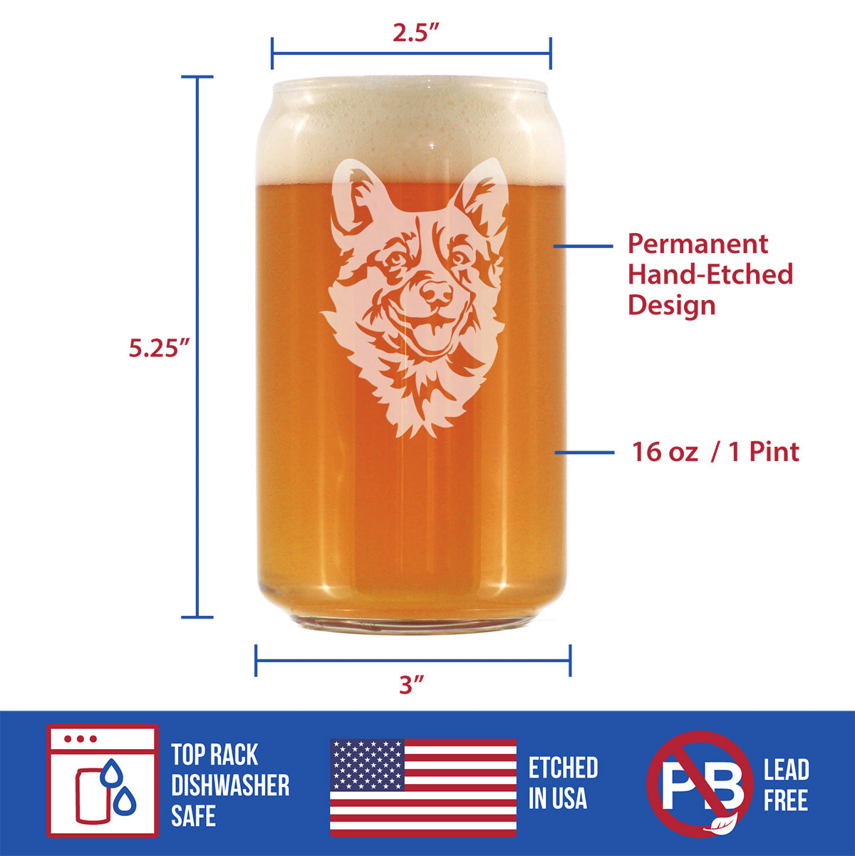 Corgi Face Beer Can Pint Glass - Unique Dog Themed Decor and Gifts for Moms &amp; Dads of Welsh Corgies - 16 Oz