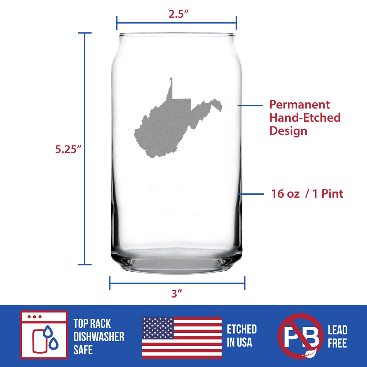 West Virginia State Outline Beer Can Pint Glass - State Themed Drinking Decor and Gifts for West Virginian Women &amp; Men - 16 Oz Glasses