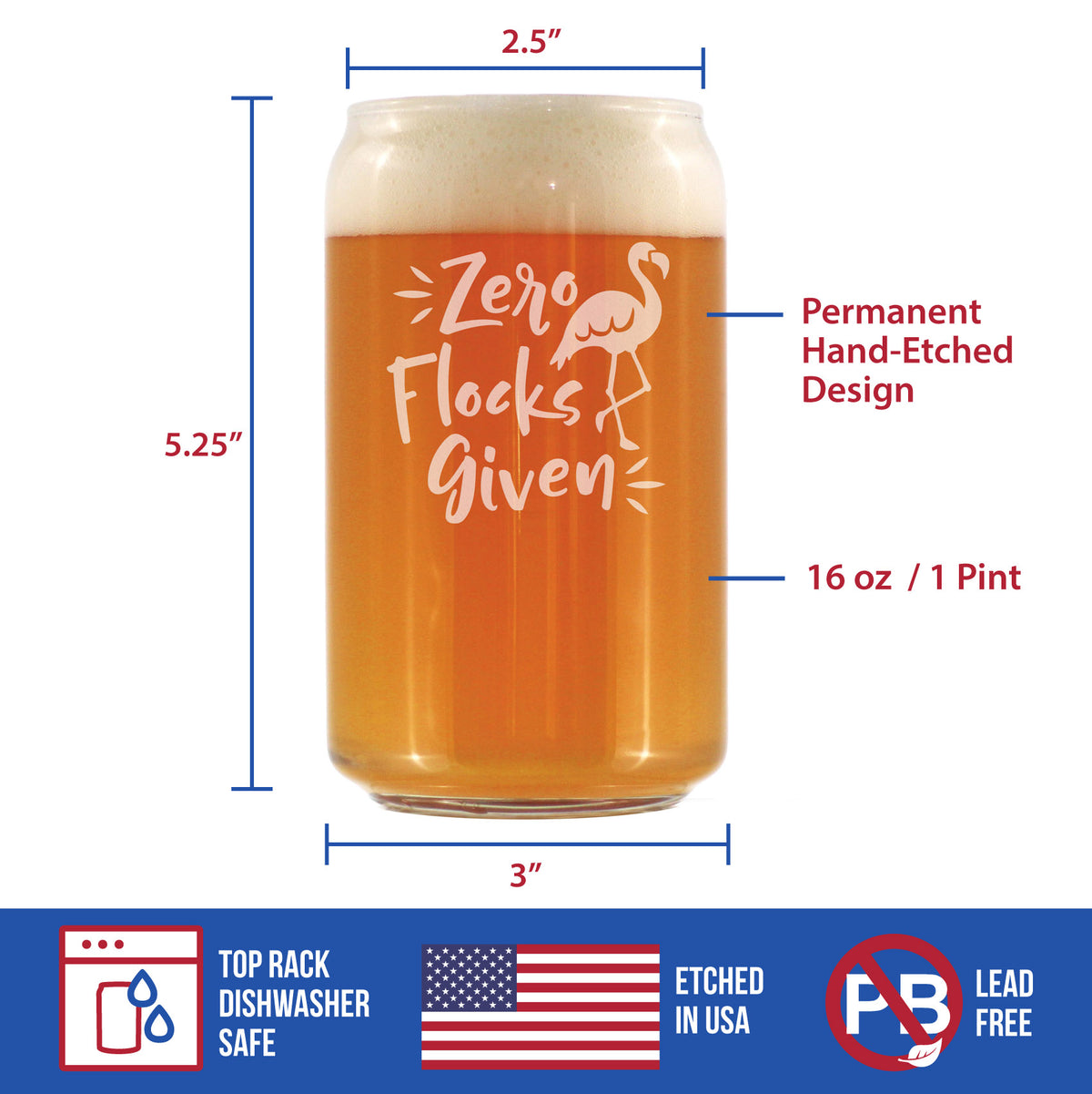 Zero Flocks Given - Funny Flamingo Beer Can Pint Glass Gift - Bird Gifts for Men &amp; Women - Cute Unique Drinking Decor