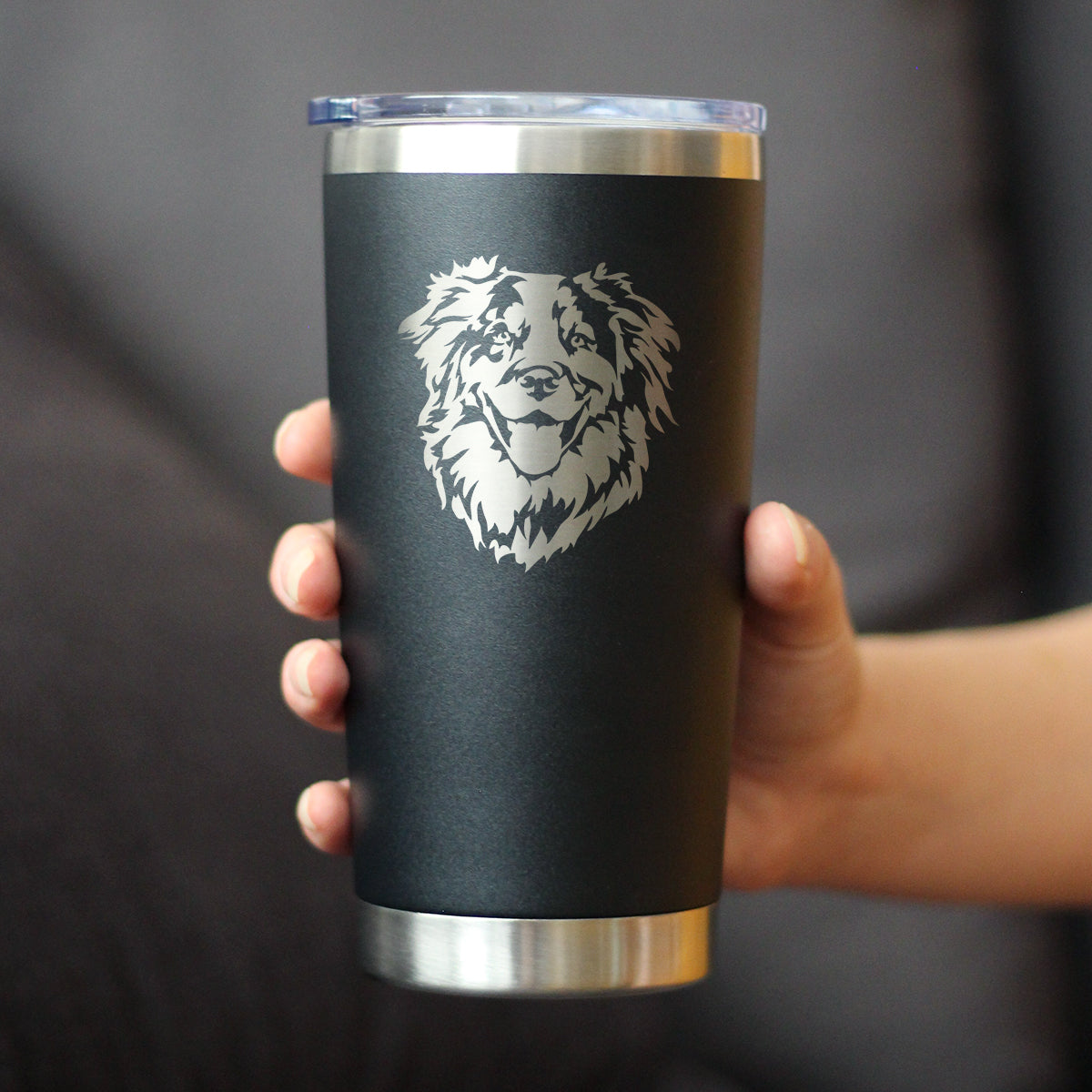 Australian Shepherd Face - Insulated Coffee Tumbler Cup with Sliding Lid - Stainless Steel Travel Mug - Unique Dog Gifts for Aussie Lovers