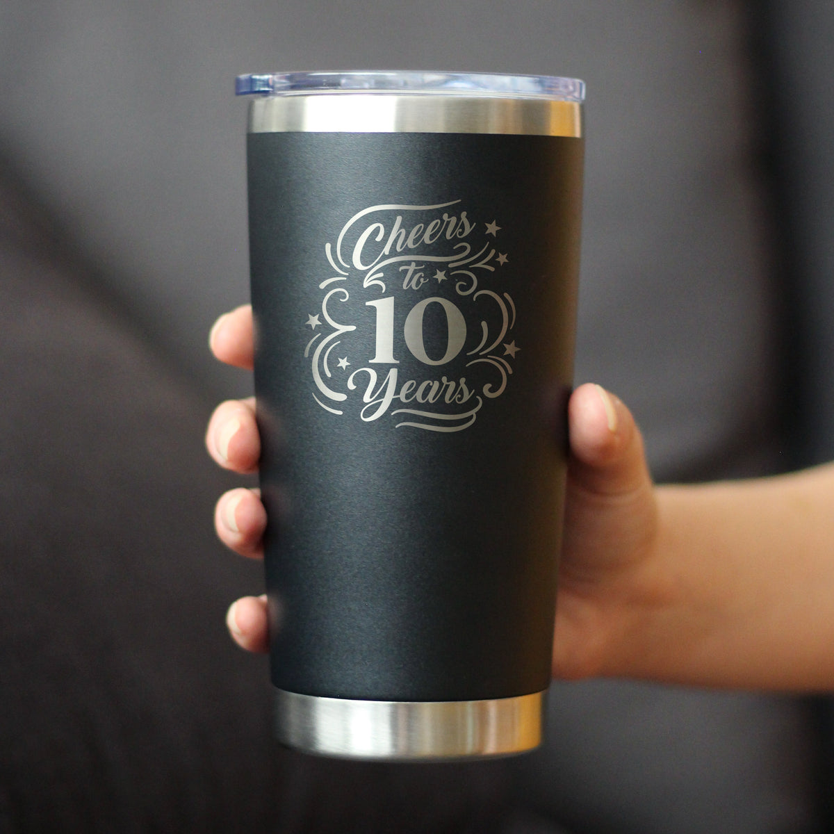 Cheers to 10 Years - Insulated Coffee Tumbler Cup with Sliding Lid - Stainless Steel Insulated Mug - 10th Anniversary Gifts and Party Decor