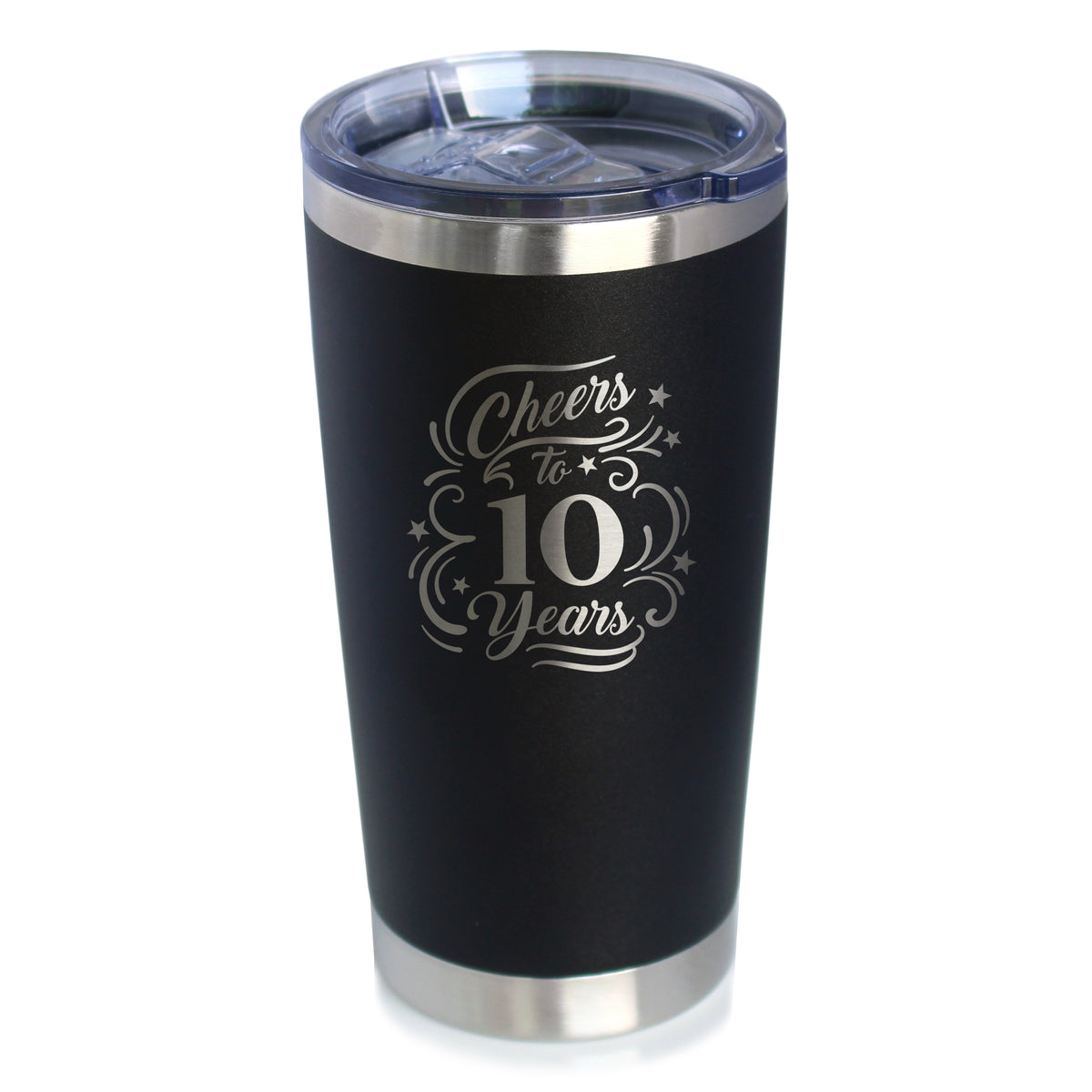 Cheers to 10 Years - Insulated Coffee Tumbler Cup with Sliding Lid - Stainless Steel Insulated Mug - 10th Anniversary Gifts and Party Decor