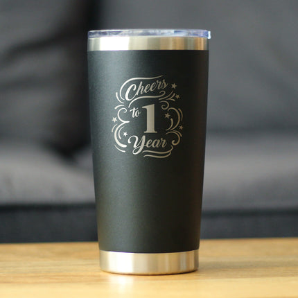 Cheers to 1 Year - Insulated Coffee Tumbler Cup with Sliding Lid - Stainless Steel Insulated Mug - 1st Anniversary Gifts and Party Decor