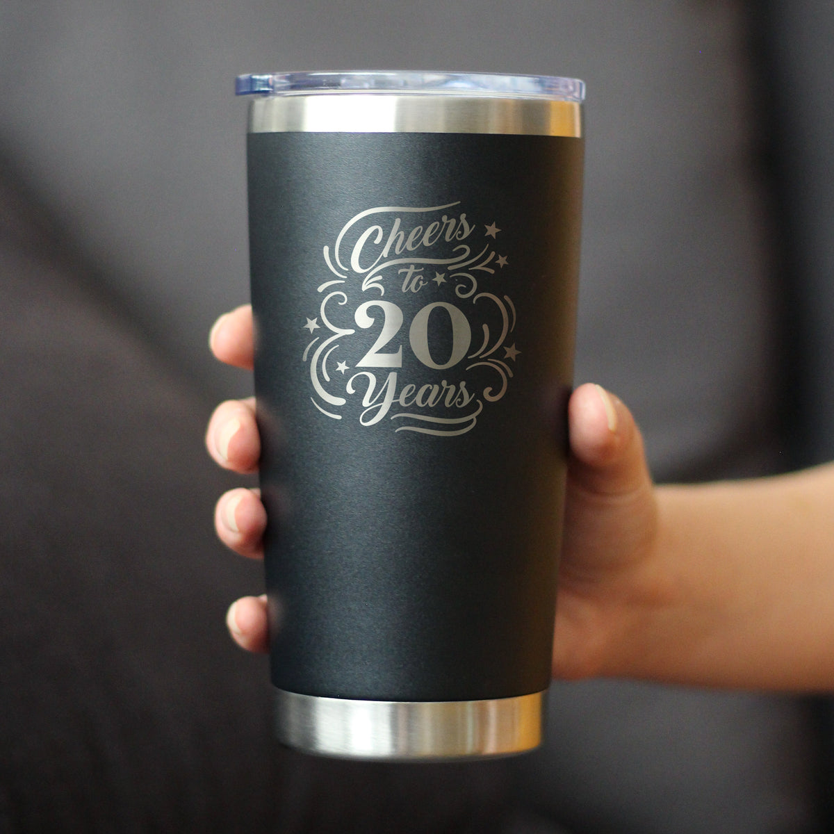 Cheers to 20 Years - Insulated Coffee Tumbler Cup with Sliding Lid - Stainless Steel Insulated Mug - 20th Anniversary Gifts and Party Decor