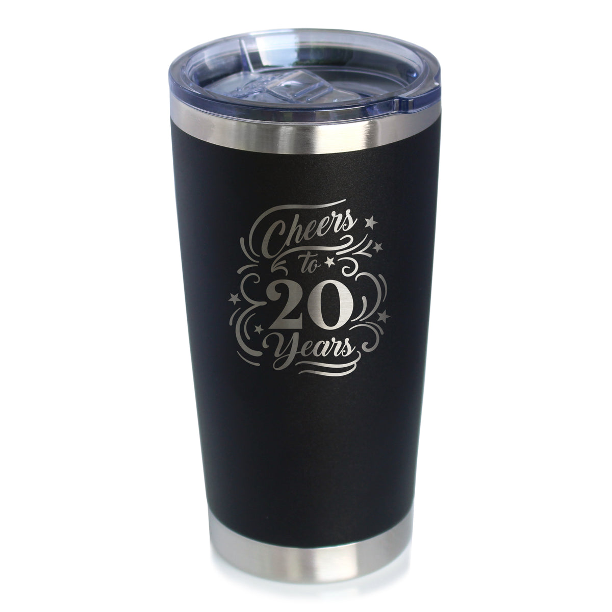 Cheers to 20 Years - Insulated Coffee Tumbler Cup with Sliding Lid - Stainless Steel Insulated Mug - 20th Anniversary Gifts and Party Decor