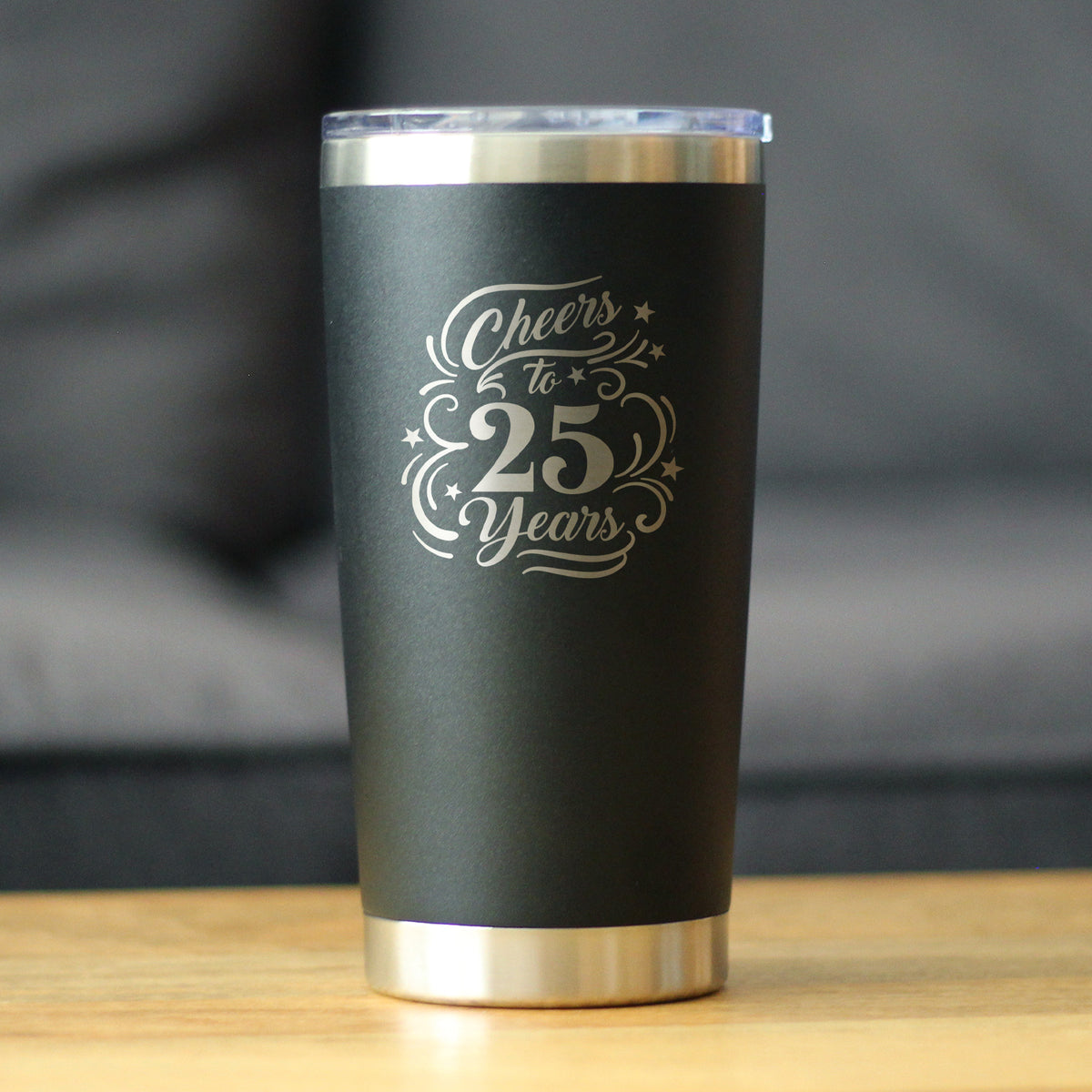 Cheers to 25 Years - Insulated Coffee Tumbler Cup with Sliding Lid - Stainless Steel Insulated Mug - 25th Anniversary Gifts and Party Decor