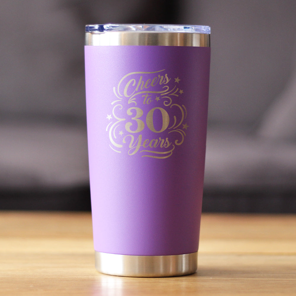 Cheers to 30 Years - Insulated Coffee Tumbler Cup with Sliding Lid - Stainless Steel Insulated Mug - 30th Anniversary Gifts and Party Decor