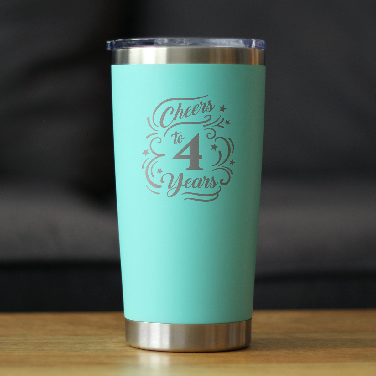 Cheers to 4 Years - Insulated Coffee Tumbler Cup with Sliding Lid - Stainless Steel Insulated Mug - 4th Anniversary Gifts and Party Decor