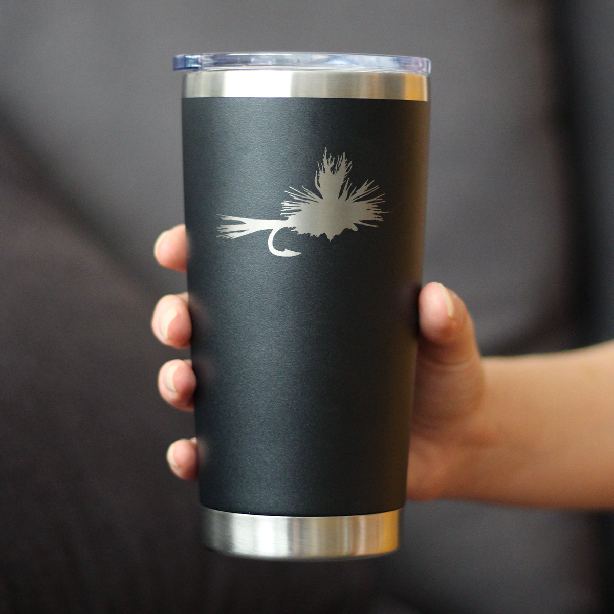 Fishing Fly - Insulated Coffee Tumbler Cup with Sliding Lid - Stainless Steel Mug - Unique Flyfishing Gifts for Fishermen