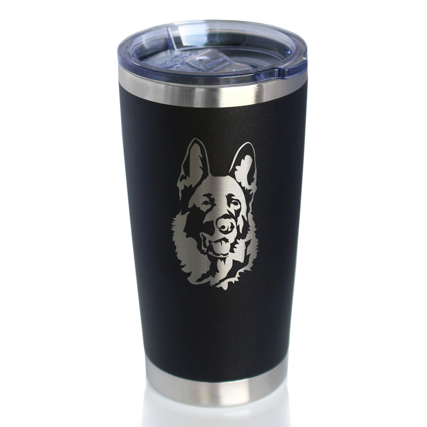 German Shepherd Happy Face - Insulated Coffee Tumbler Cup with Sliding Lid - Stainless Steel Insulated Mug - Fun Unique German Shepherd Themed Décor and Gifts for Men & Women