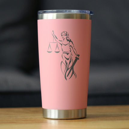 Lady Justice - Insulated Coffee Tumbler Cup with Sliding Lid - Stainless Steel Travel Mug - Unique Lawyer Gifts for Women and Men
