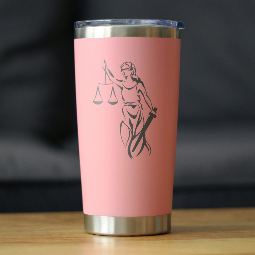 Lady Justice - Insulated Coffee Tumbler Cup with Sliding Lid - Stainless Steel Travel Mug - Unique Lawyer Gifts for Women and Men