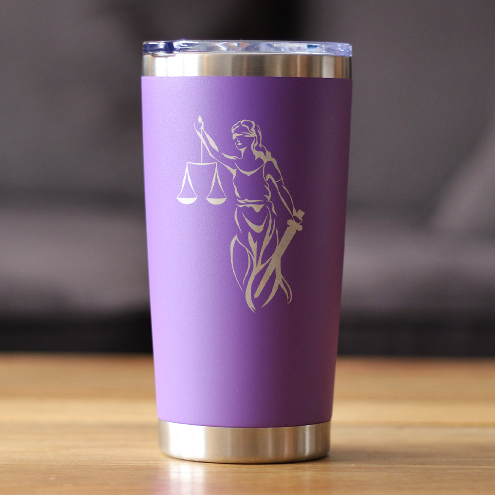 Lady Justice - Insulated Coffee Tumbler Cup with Sliding Lid - Stainless Steel Travel Mug - Unique Lawyer Gifts for Women and Men