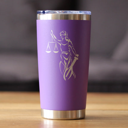 Lady Justice - Insulated Coffee Tumbler Cup with Sliding Lid - Stainless Steel Travel Mug - Unique Lawyer Gifts for Women and Men