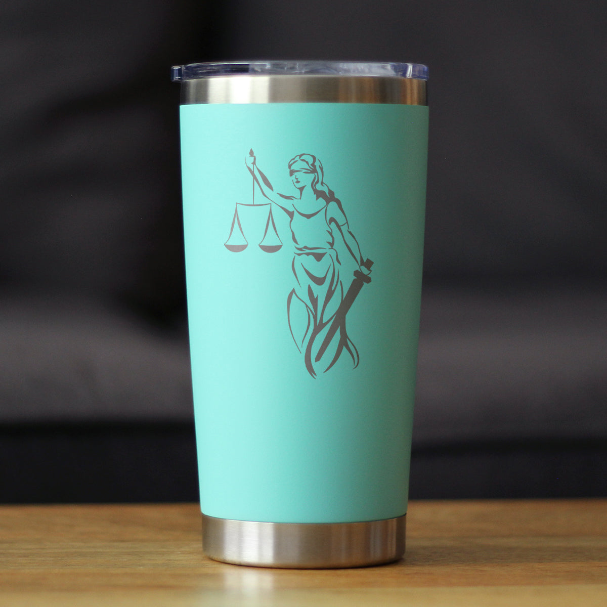 Lady Justice - Insulated Coffee Tumbler Cup with Sliding Lid - Stainless Steel Travel Mug - Unique Lawyer Gifts for Women and Men