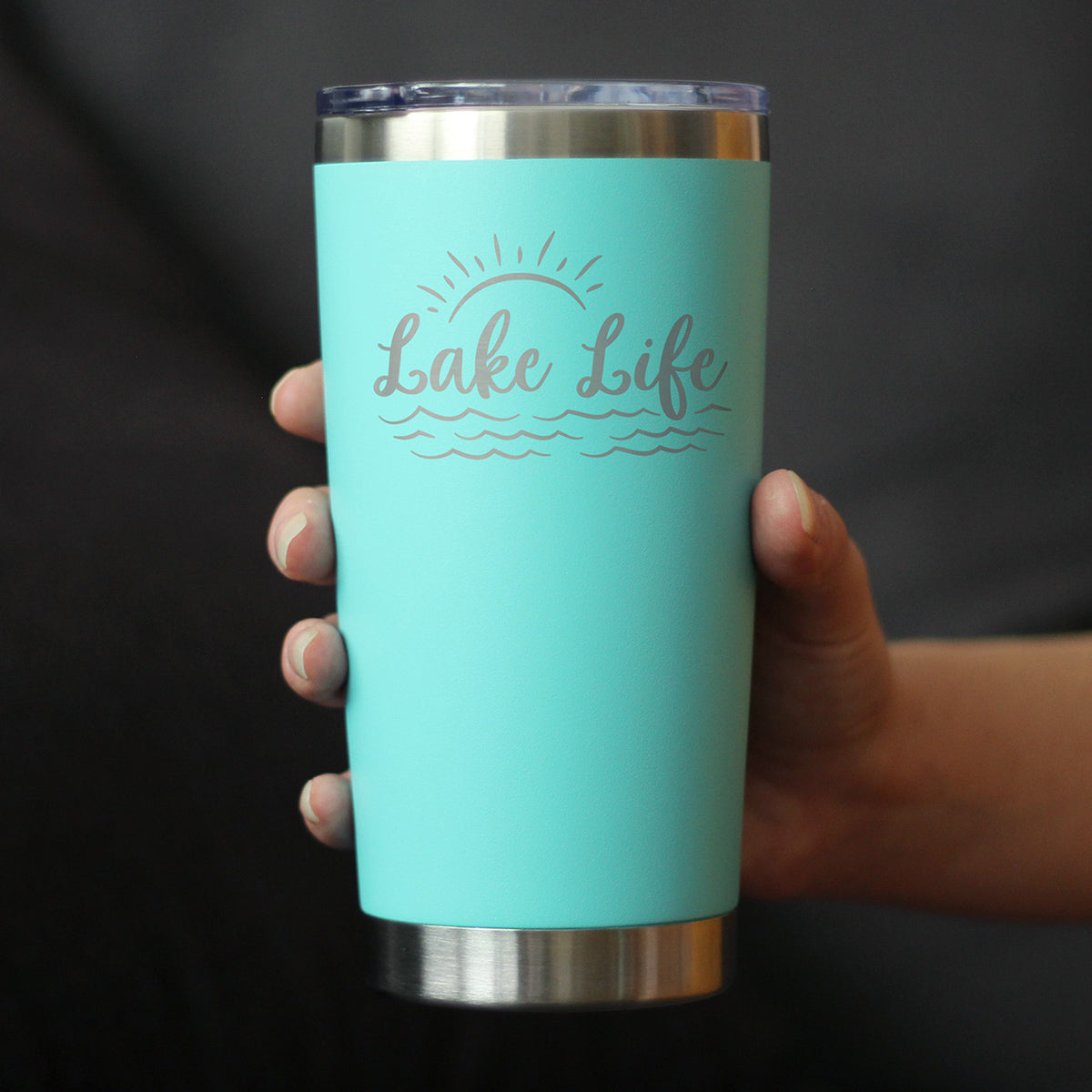 Lake Life - Insulated Coffee Tumbler Cup with Sliding Lid - Stainless Steel Insulated Mug - Cute Outdoor Camping Mug and Lake House Decor - Teal