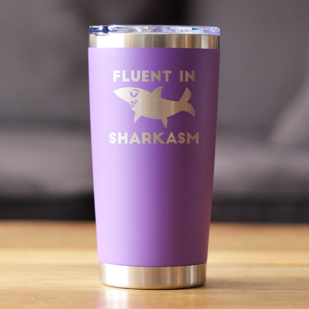 Fluent in Sharkasm - Shark Insulated Coffee Tumbler Cup with Sliding Lid - Stainless Steel Insulated Mug - Funny Cute Shark Decor Gifts