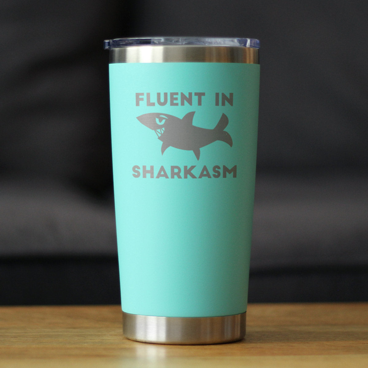 Fluent in Sharkasm - Shark Insulated Coffee Tumbler Cup with Sliding Lid - Stainless Steel Insulated Mug - Funny Cute Shark Decor Gifts
