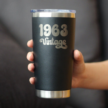 Vintage 1963 - Insulated Coffee Tumbler Cup with Sliding Lid - 20 oz - Funny 63rd Birthday Gift for Women or Men Turning 63