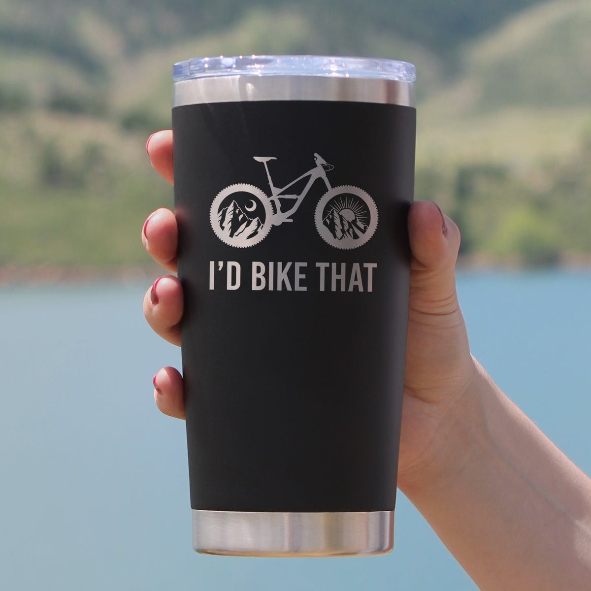 I&#39;d Bike That - Insulated Coffee Tumbler Cup with Sliding Lid - Stainless Steel Insulated Mug - Cool Bicycle Themed Decor and Gifts for Mountain Bikers