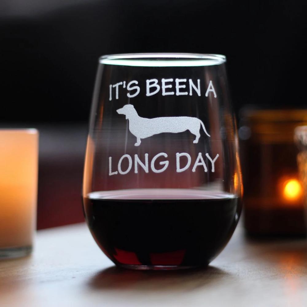 Long Day – Cute Funny Dachshund Stemless Wine Glass, Large Glasses, Etched Sayings, Gift Box
