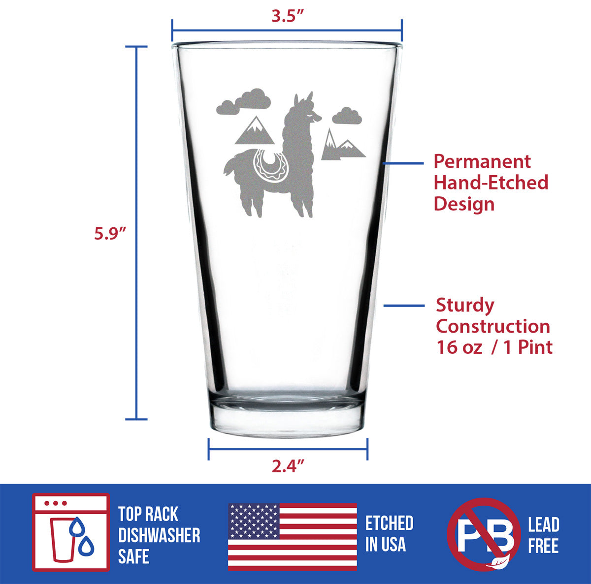 Alpaca Pint Glass for Beer - Unique Funny Farm Animal Themed Decor and Gifts for Alpaca Lovers - 16 oz