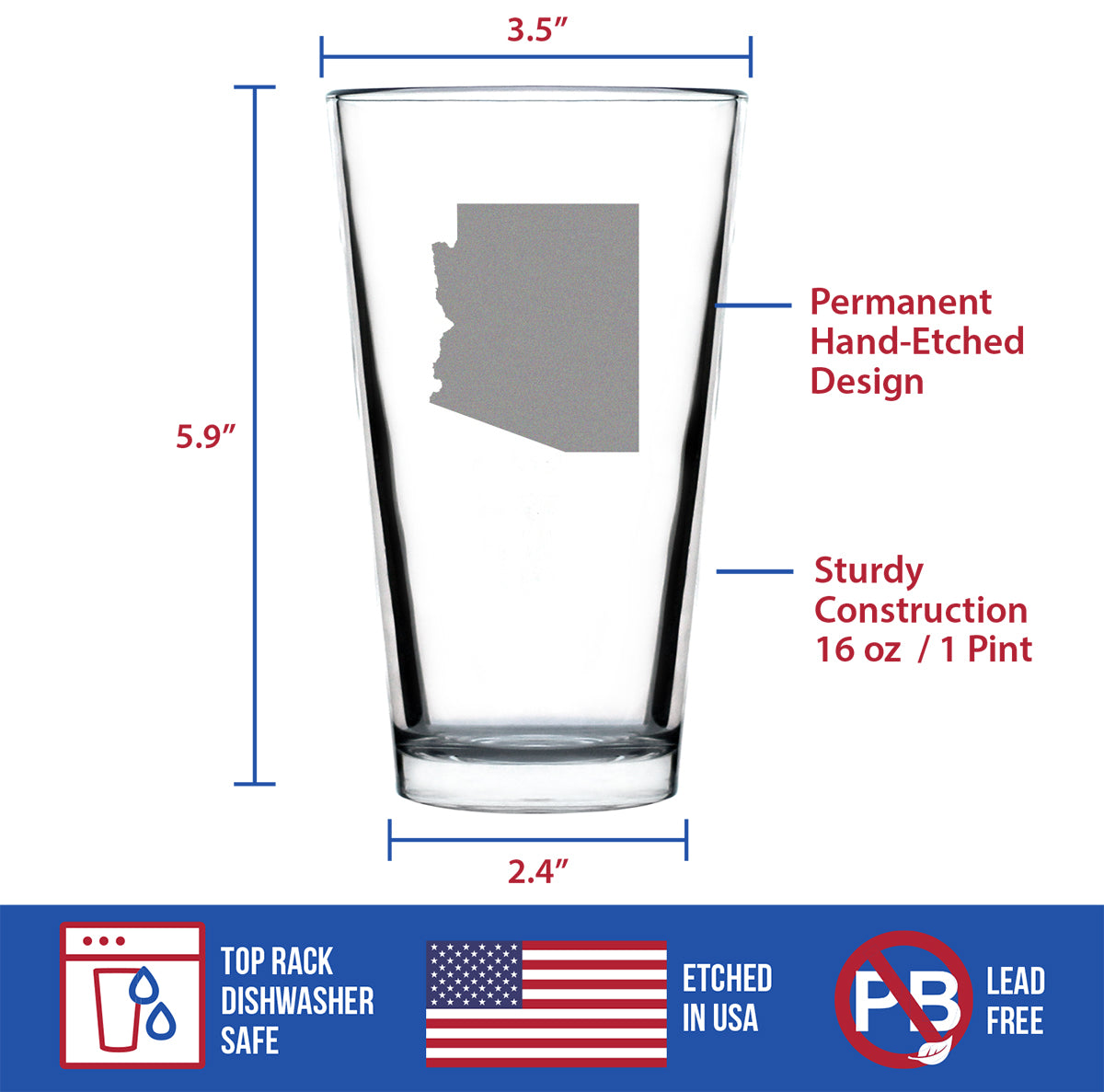 Arizona State Outline Pint Glass for Beer - State Themed Drinking Decor and Gifts for Arizonan Women &amp; Men - 16 Oz Glasses