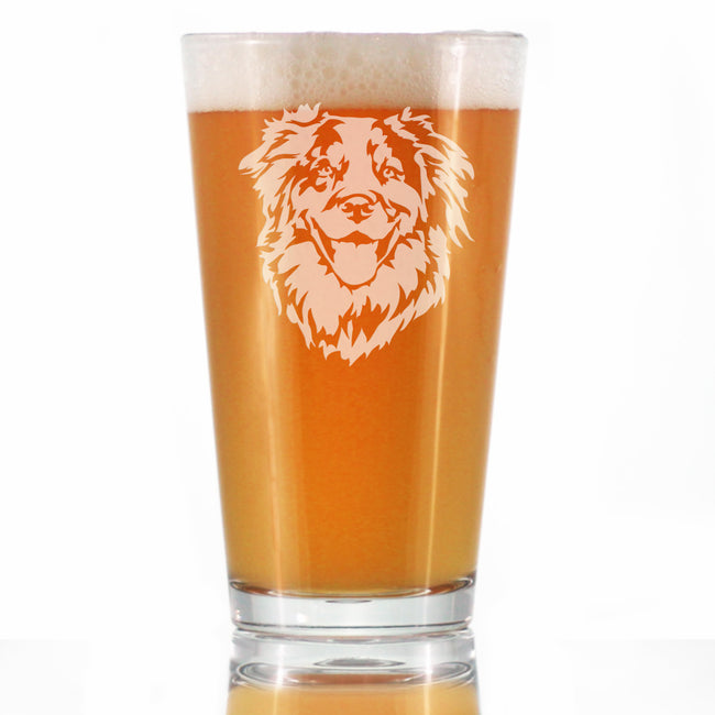 Australian Shepherd Face Pint Glass for Beer - Unique Dog Themed Decor and Gifts for Moms & Dads of Aussies - 16 Oz