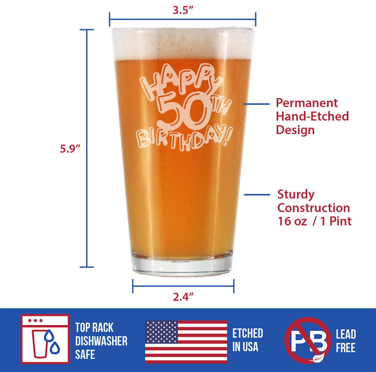 Happy 50th Birthday Balloons - Pint Glass for Beer - Gifts for Women &amp; Men Turning 50 - Fun Bday Party Decor - 16 Oz