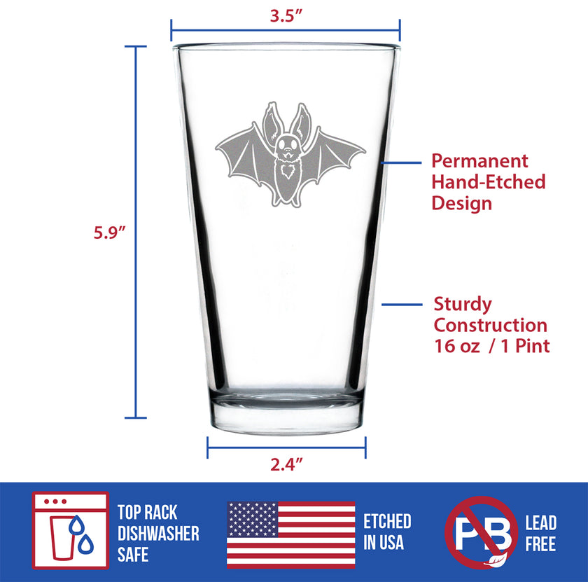 Bat Pint Glass for Beer - Funny Cute Bat Gifts - Spooky Fun Halloween Decor with Bats - 16 oz Glasses