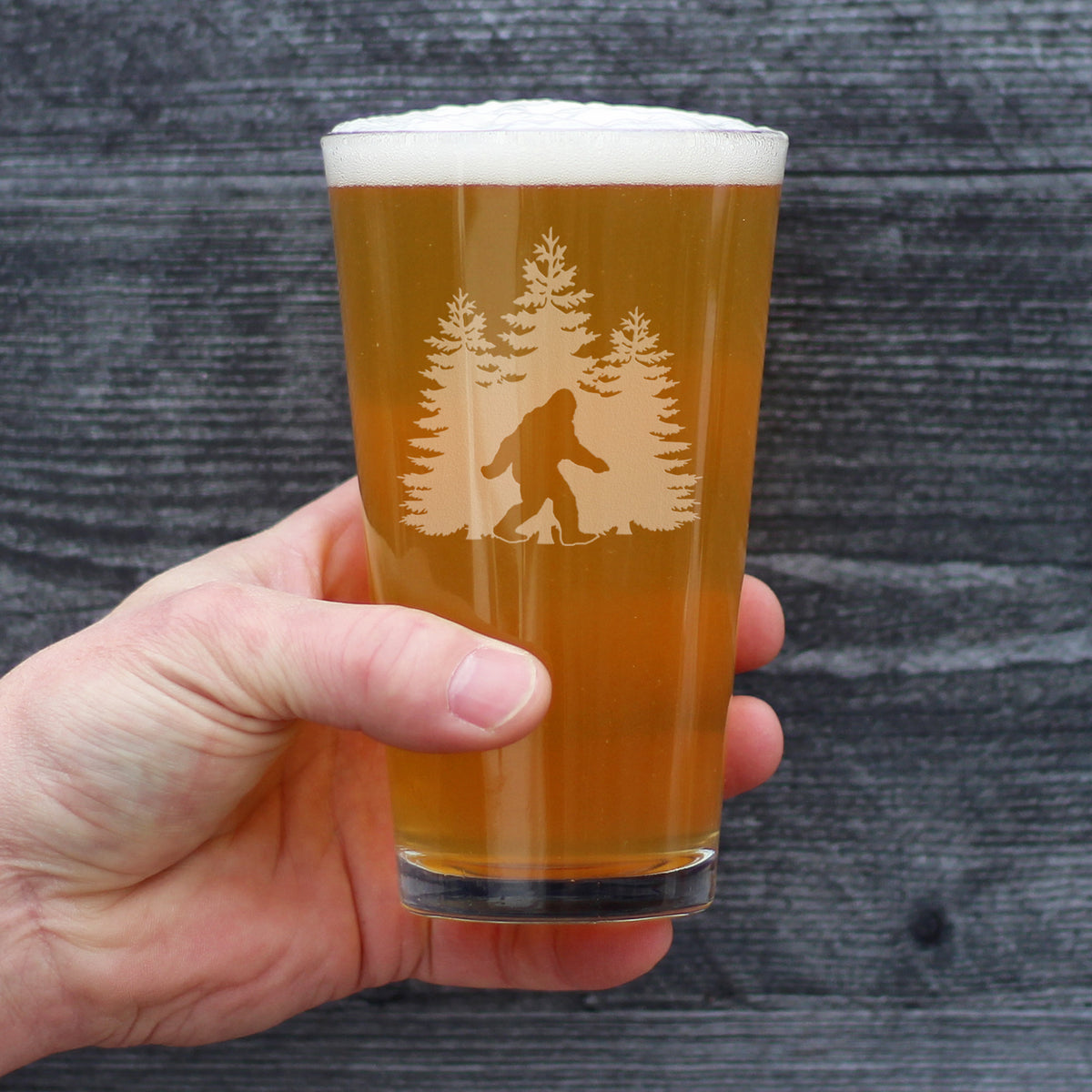 Bigfoot Engraved Pint Glass, Unique Sasquatch Themed Gifts, Funny Gift Idea for Outdoorsmen