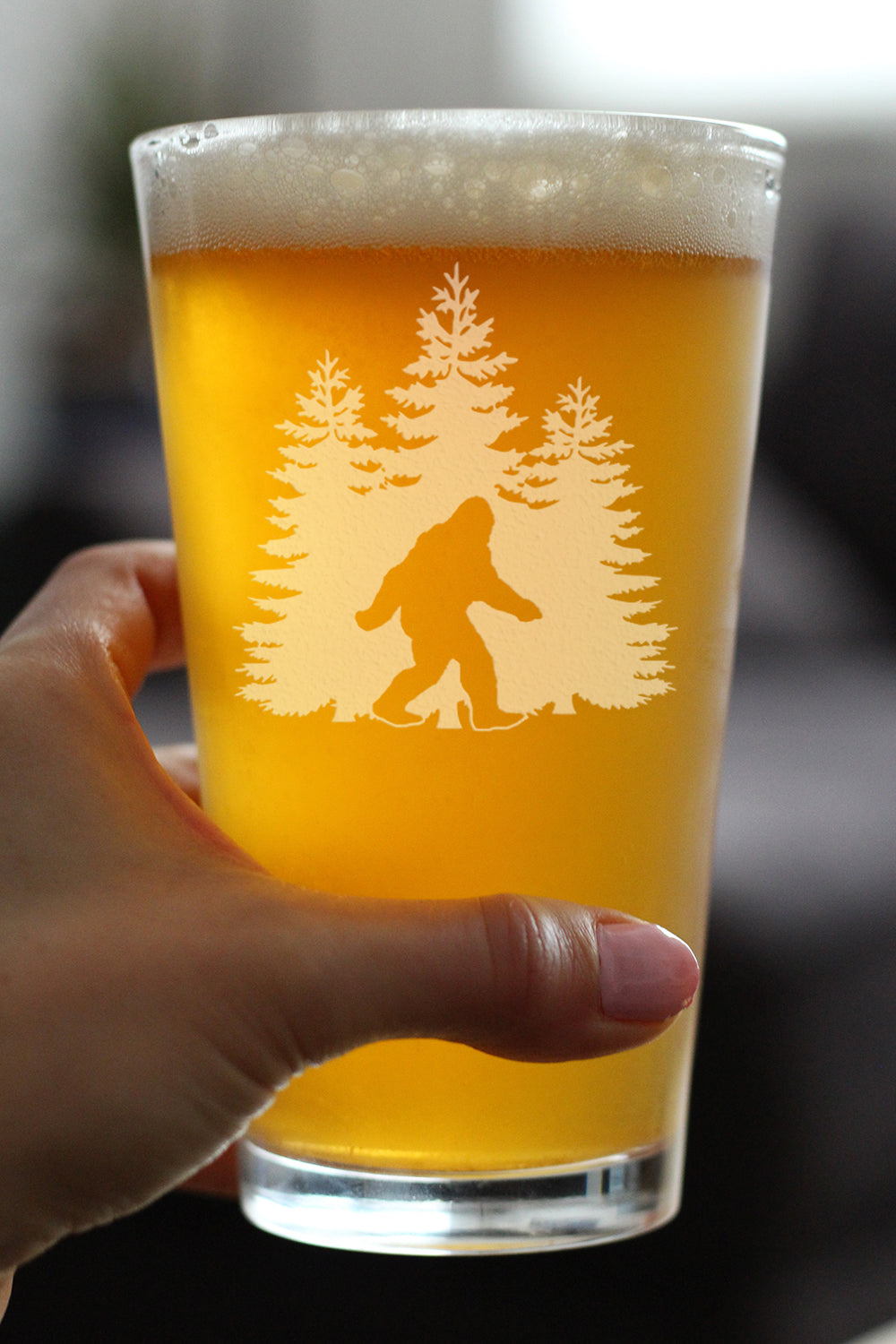 Bigfoot Engraved Pint Glass, Unique Sasquatch Themed Gifts, Funny Gift Idea for Outdoorsmen