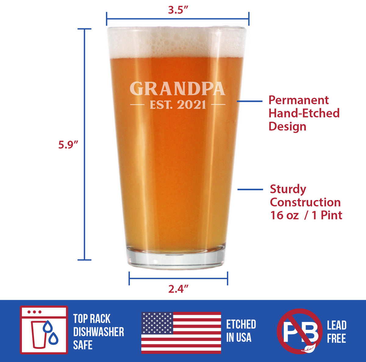 Grandpa Est 2021 - New Grandfather Pint Glass Gift for First Time Grandparents - Bold 16 Oz Glasses
