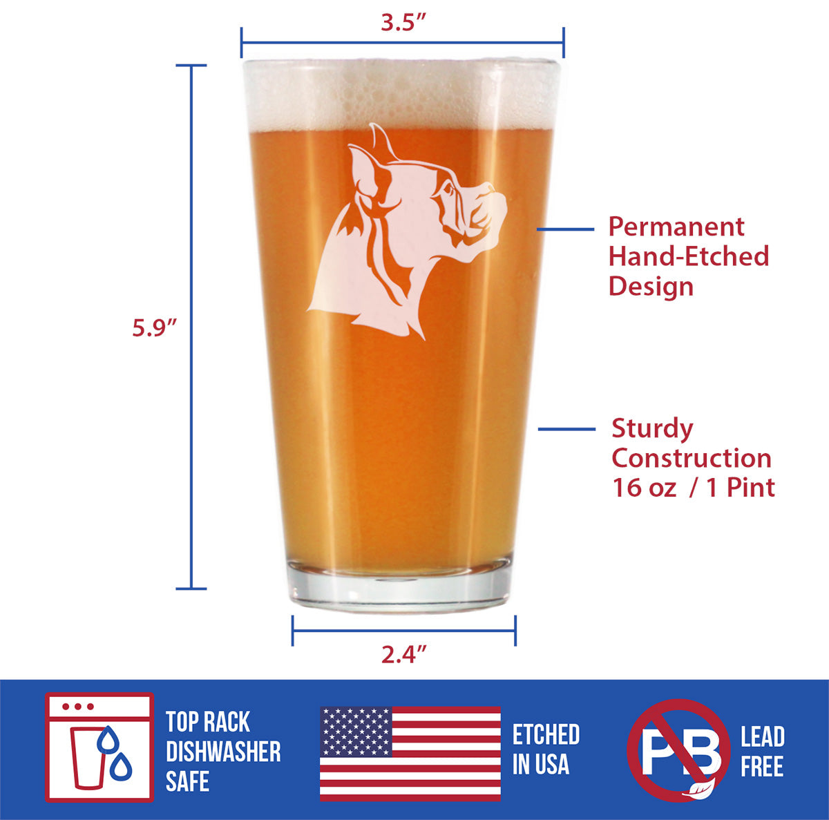 Boxer with Pointed Ears - Pint Glass for Beer - Fun Unique Boxer Themed Dog Gifts and Party Decor for Women and Men - 16 oz