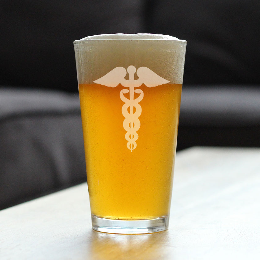 Caduceus Medical Symbol - Pint Glass for BeerEssential Healthcare Workers, Doctors, Nurses, Medical Staff - 16 oz Glasses