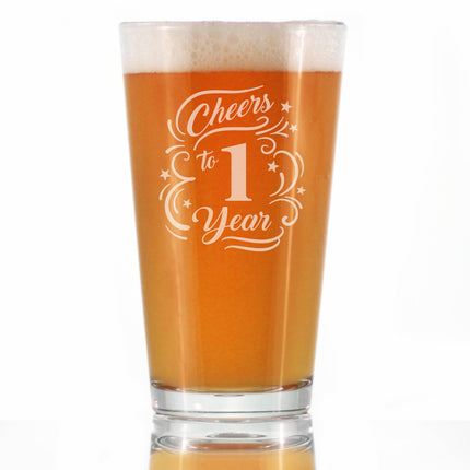 Cheers to 1 Year - Pint Glass for Beer - Gifts for Women & Men - 1st Anniversary Party Decor - 16 Oz Glasses