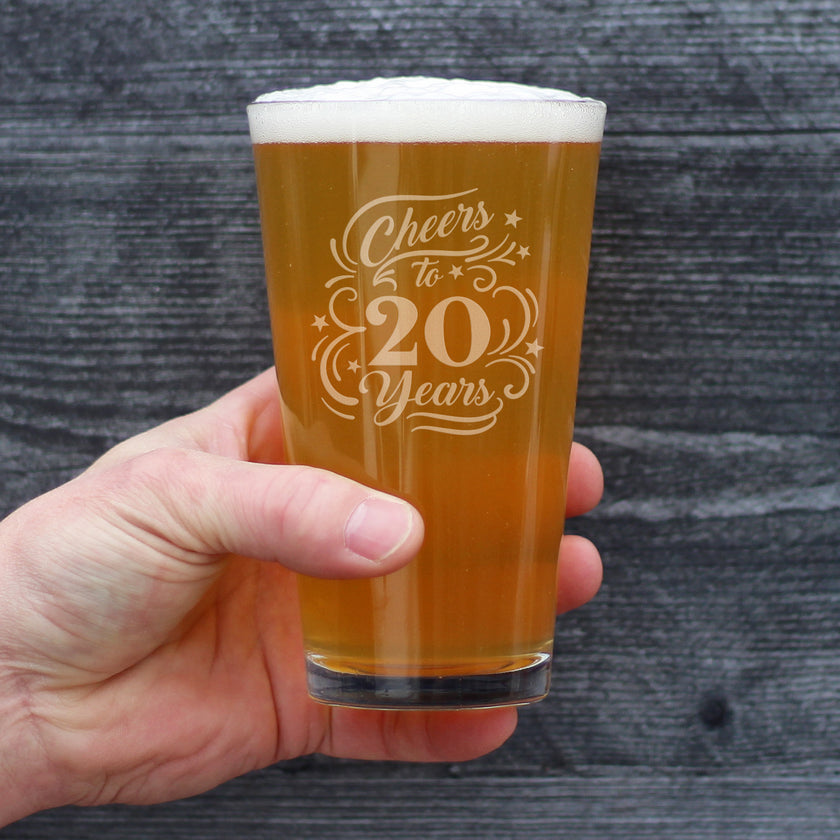 Cheers to 20 Years - Pint Glass for Beer - Gifts for Women & Men - 20th Anniversary Party Decor - 16 Oz Glasses