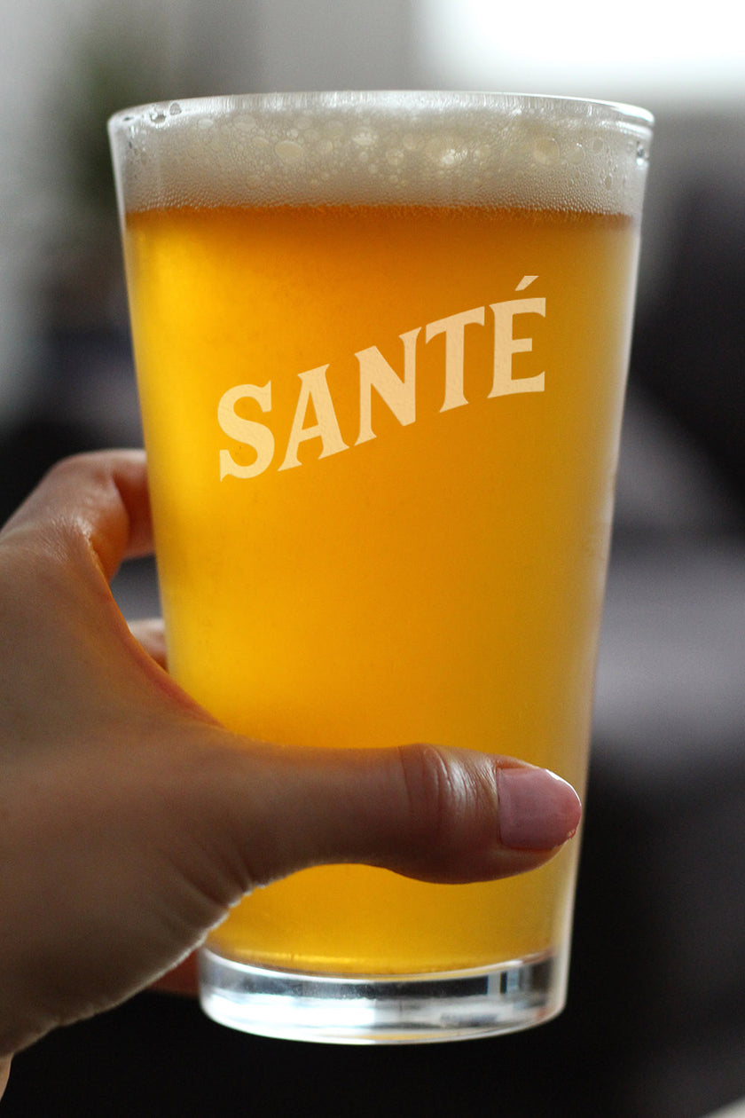 Sante - French Cheers - Fun Pint Glass for Beer - Cute France Themed Gifts or Party Decor for Men and Women - 16 oz