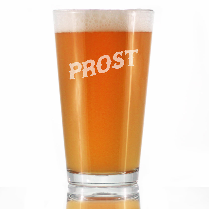 Prost - German Cheers - Fun Pint Glasses for Beer - Germany Themed Party Decor for Men and Women - 16 oz Large Mug