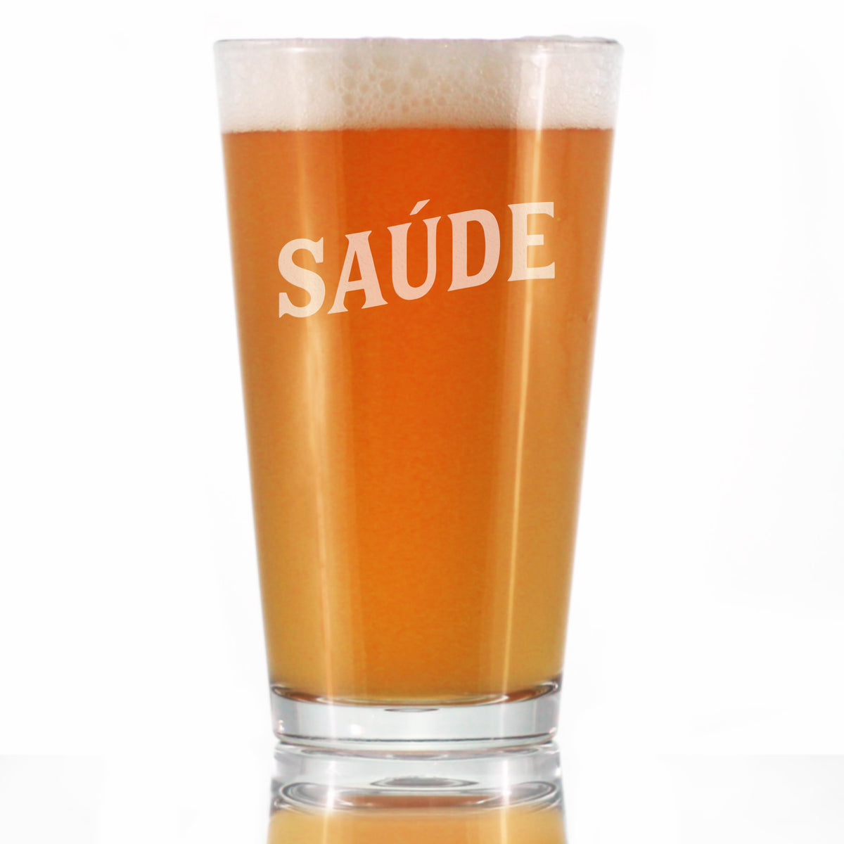 Saude - Portuguese Cheers - Pint Glass for Beer - Cute Brazil Themed Gifts or Party Decor for Women and Men - 16 Oz