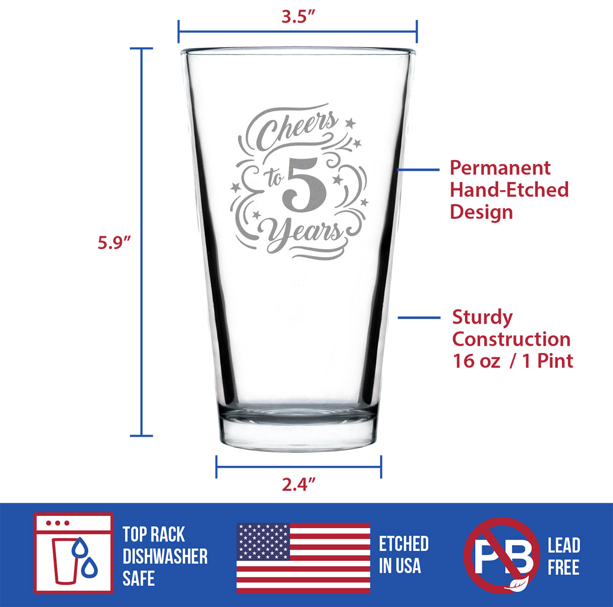 Cheers to 5 Years - Pint Glass for Beer - Gifts for Women & Men - 5th Anniversary Party Decor - 16 Oz Glasses