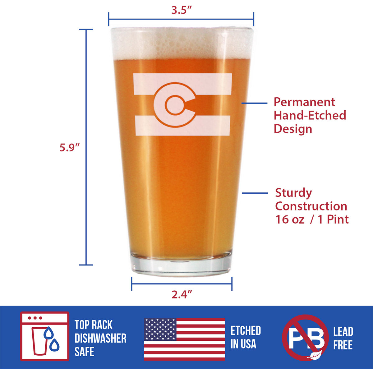 Colorado Flag - Pint Glass for Beer - Glass Gift for Lovers of Colorado, Centennial State Themed Decor - 16 oz
