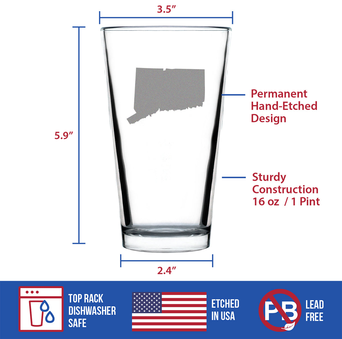 Connecticut State Outline Pint Glass for Beer - State Themed Drinking Decor and Gifts for Connecticuters and Nutmegger Women &amp; Men - 16 Oz Glasses