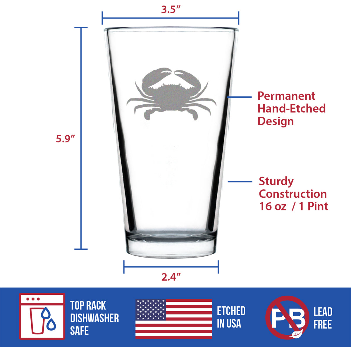 Crab - Cute Nautical Theme Gifts for Beach House - 16 Ounce Pint Glass