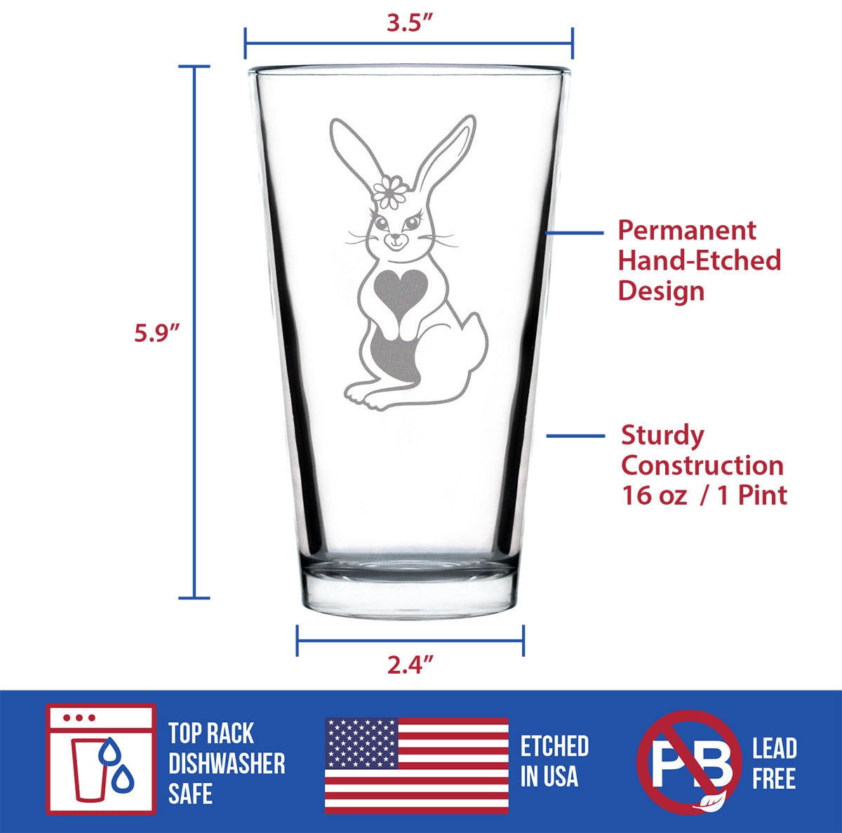 Cute Bunny Rabbit - Pint Glass for Beer - Hand Engraved Gifts for Men &amp; Women That Love Bunnies