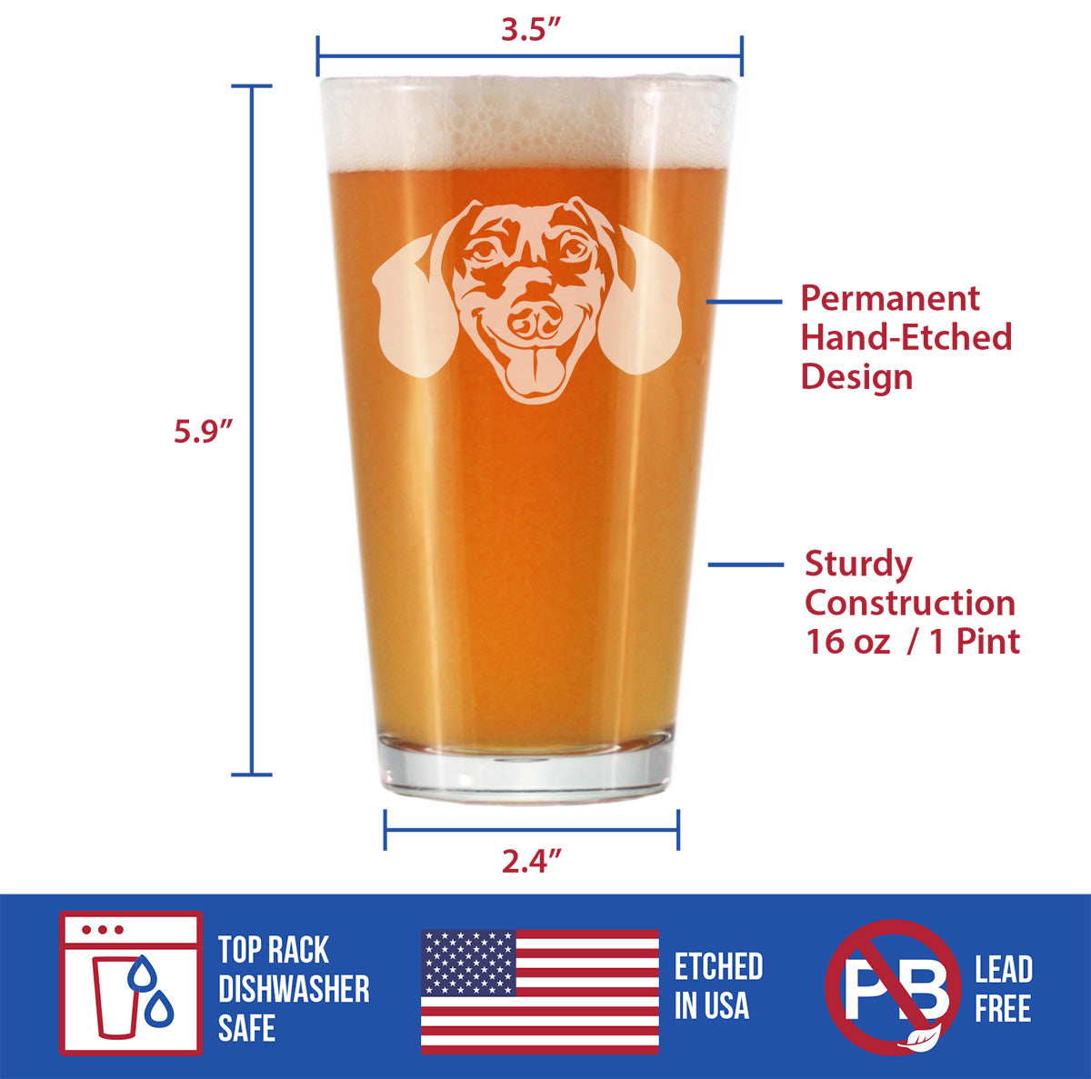 Dachshund Face Pint Glass for Beer - Unique Dog Themed Decor and Gifts for Moms &amp; Dads of Dachshunds - 16 Oz